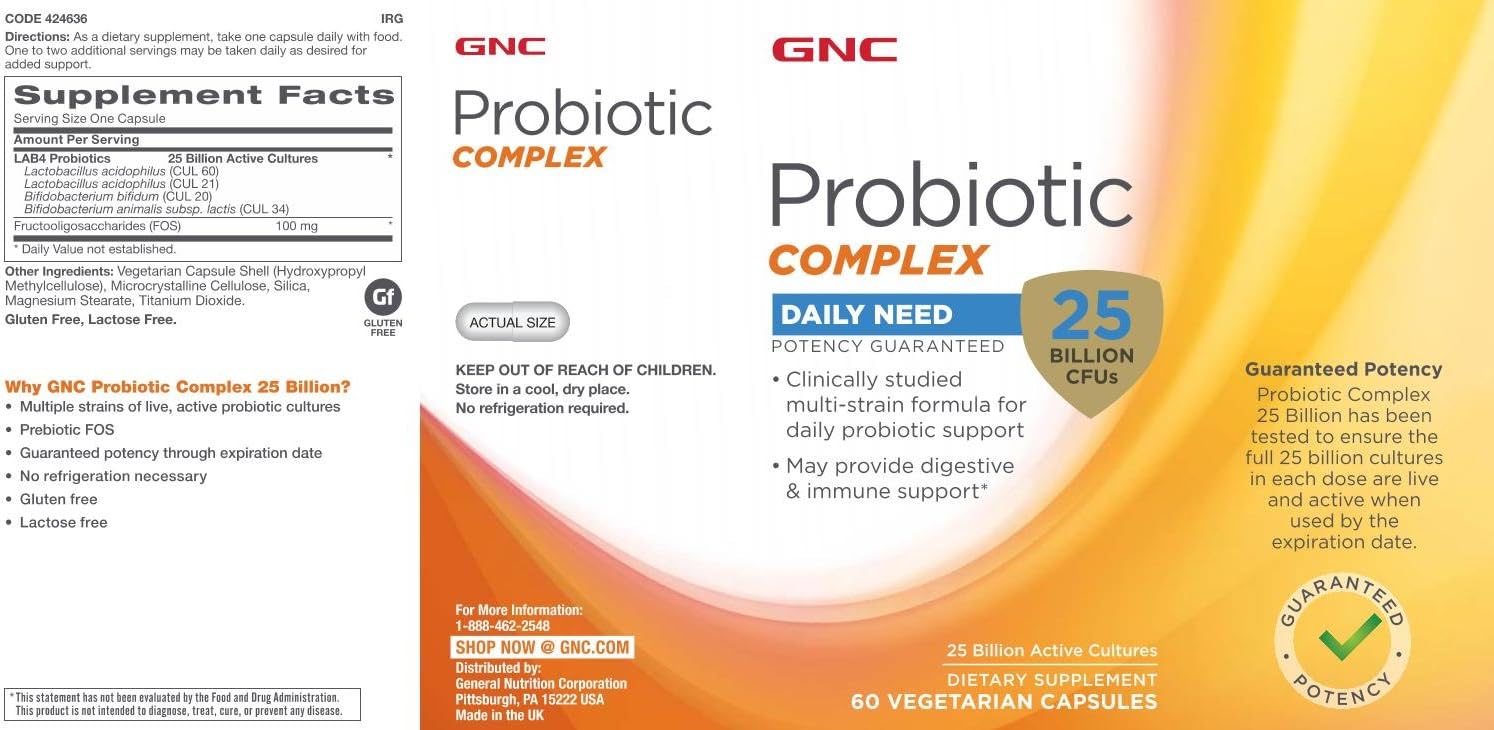 GNC Probiotic Complex - 25 Billion CFUs, 60 Capsules, Daily Probiotic Supplement