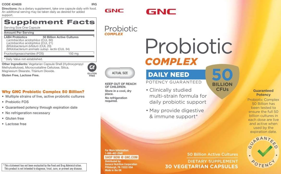 GNC Probiotic Complex 50 Billion CFUs | Multi-Strain Formula for Digestive & Immune Health | Vegetarian | 30 Capsules