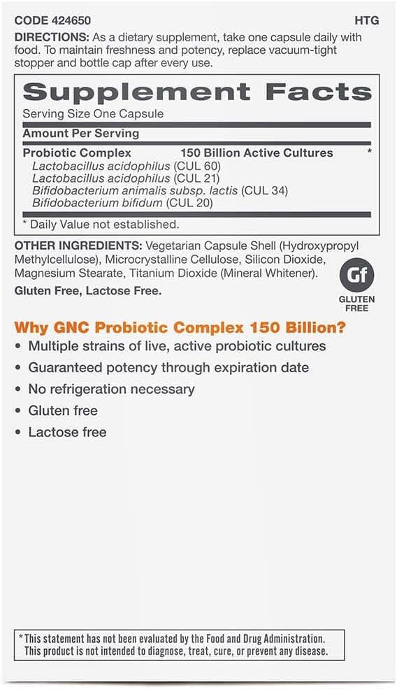 GNC Probiotic Complex Extra Strength - 150 Billion CFUs, 20 Capsules - Daily Probiotic Support for Gut Health