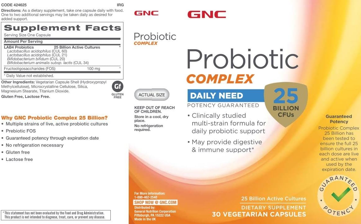 GNC Probiotic Complex with 25 Billion CFUs - 30 Capsules for Gut Health