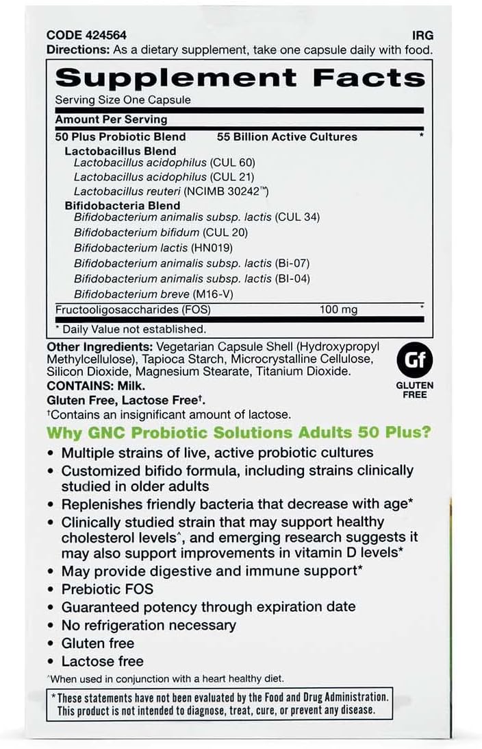 GNC Probiotic Solutions Adults 50+ | Vegetarian Formula for Digestive & Immune Health | 30 Capsules