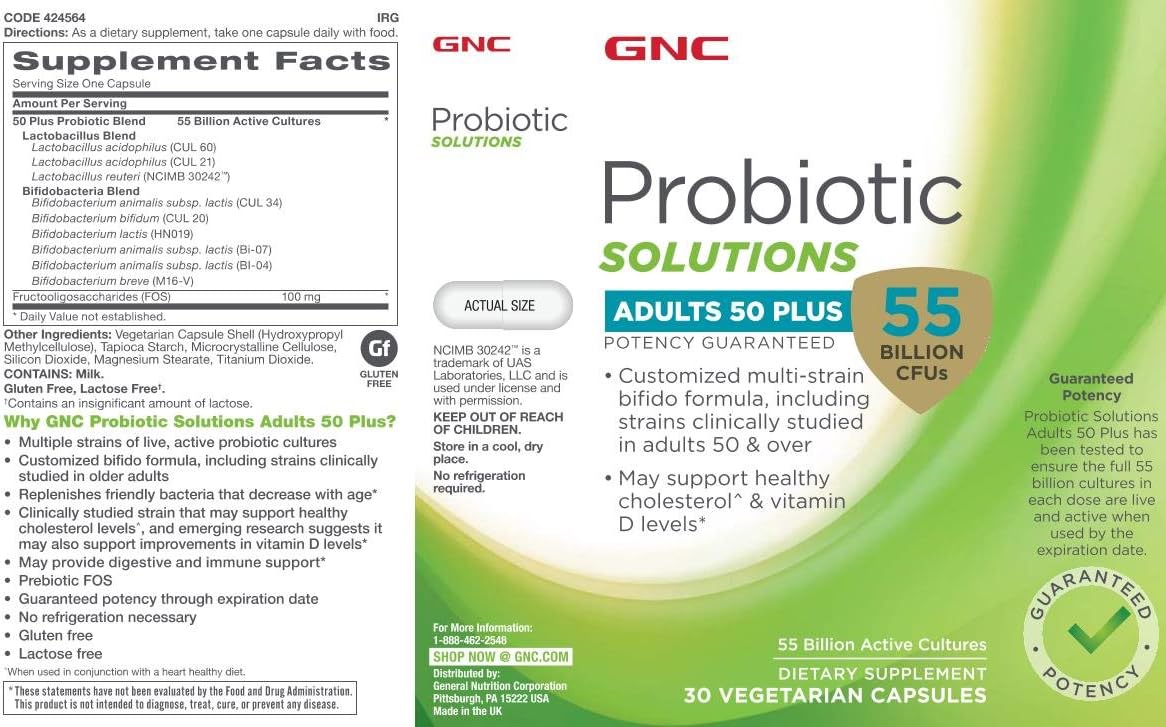 GNC Probiotic Solutions Adults 50+ | Vegetarian Formula for Digestive & Immune Health | 30 Capsules