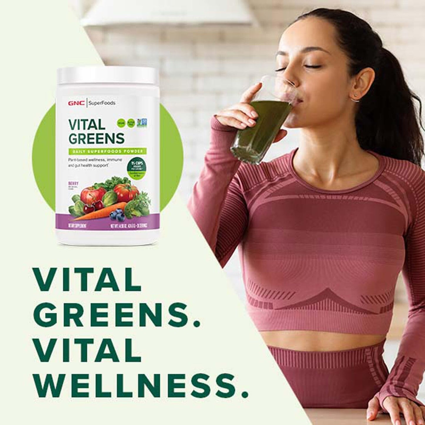 GNC Vital Greens Powder: Probiotics & Fiber for Gut Health | Berry Flavor | Gluten Free, Vegan Formula | 30 Servings