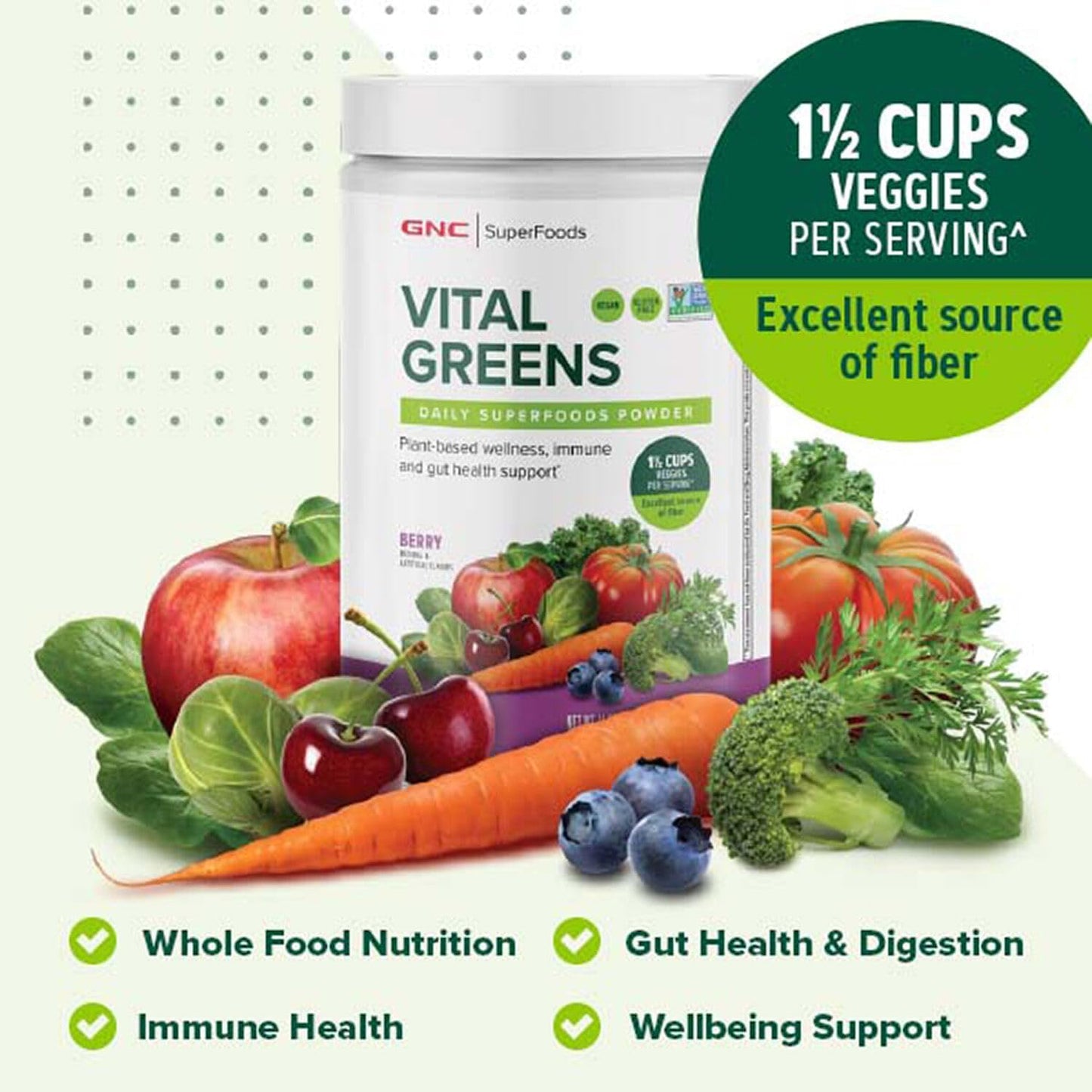 GNC Vital Greens Powder: Probiotics & Fiber for Gut Health | Berry Flavor | Gluten Free, Vegan Formula | 30 Servings