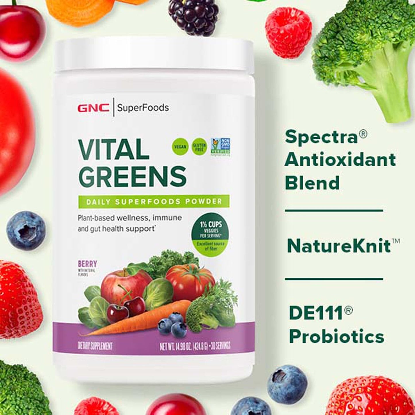 GNC Vital Greens Powder: Probiotics & Fiber for Gut Health | Berry Flavor | Gluten Free, Vegan Formula | 30 Servings