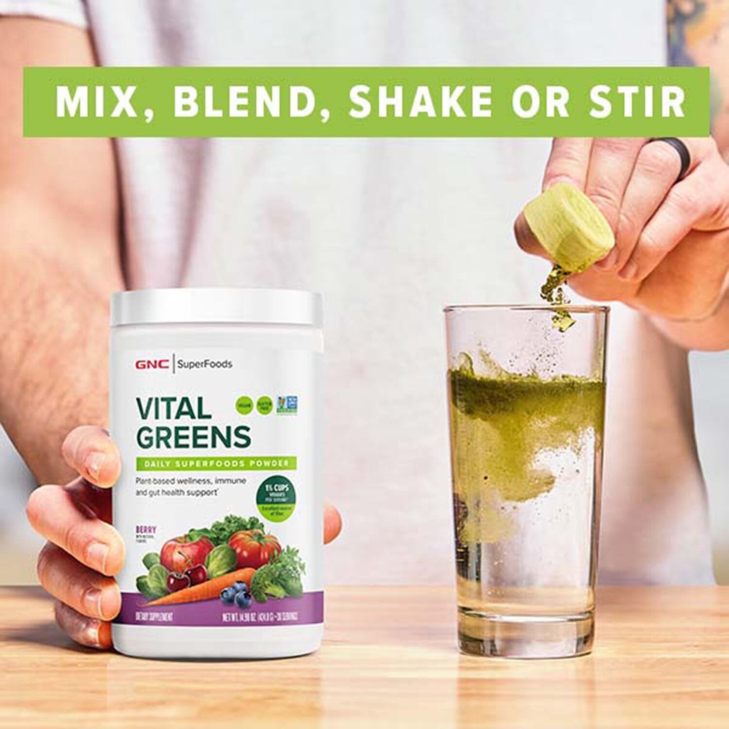 GNC Vital Greens Powder: Probiotics & Fiber for Gut Health | Berry Flavor | Gluten Free, Vegan Formula | 30 Servings