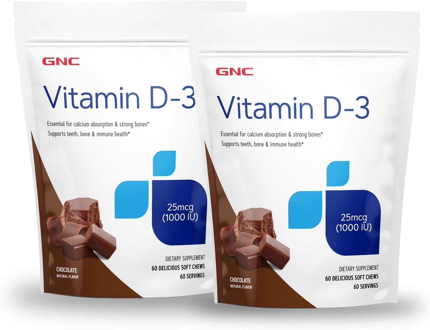 GNC Vitamin D-3 Soft Chews 1000IU in Chocolate Flavor - Twin Pack for Daily Supplements