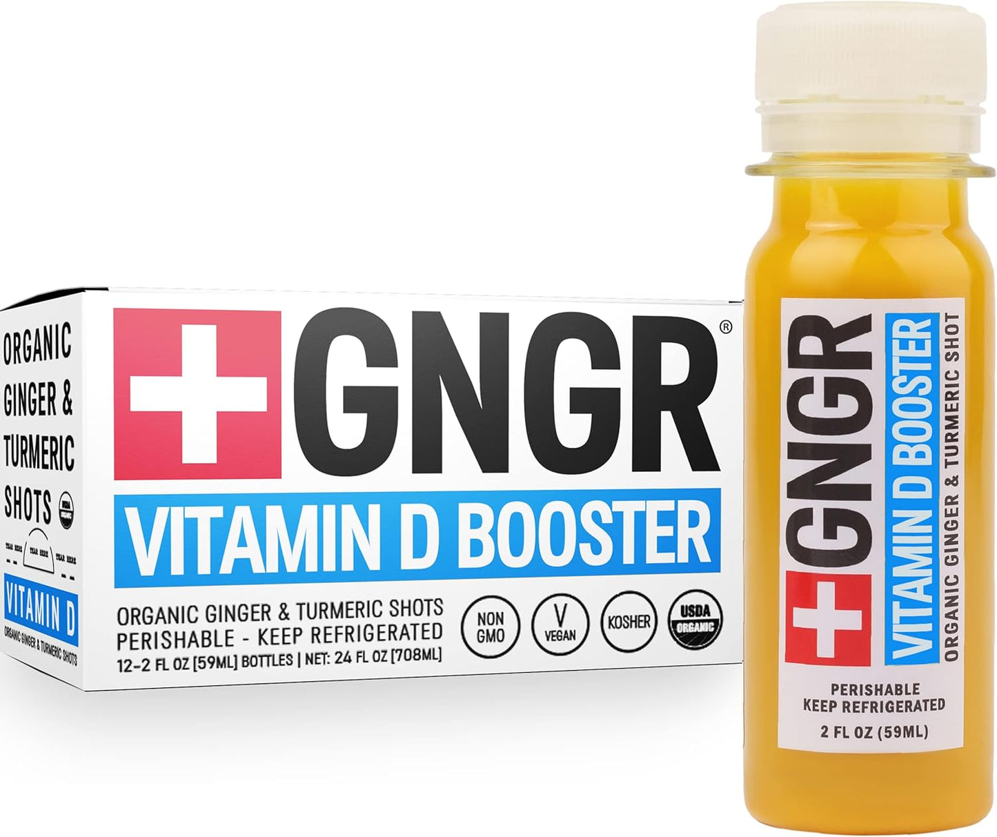 GNGR Vitamin D Immunity Booster Ginger Shot with Turmeric & Cayenne, All Natural Digestive Support - 12 Pack of 2 fl oz Shots