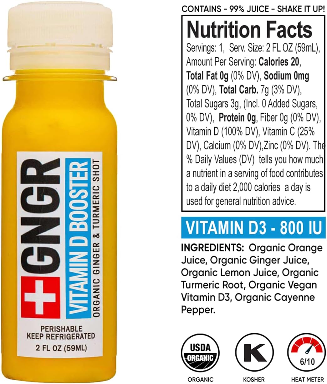 GNGR Vitamin D Immunity Booster Ginger Shot with Turmeric & Cayenne, All Natural Digestive Support - 12 Pack of 2 fl oz Shots