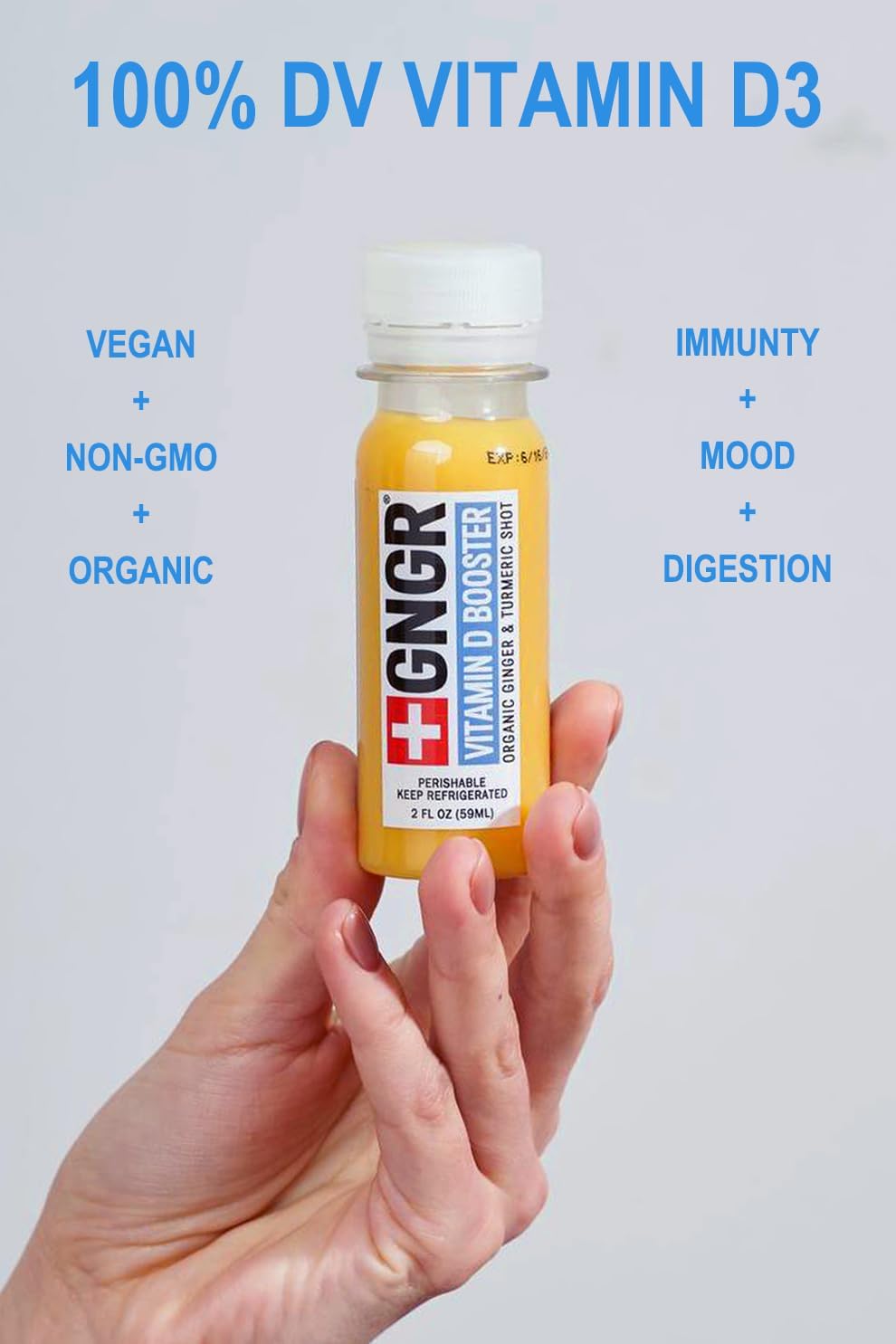 GNGR Vitamin D Immunity Booster Ginger Shot with Turmeric & Cayenne, All Natural Digestive Support - 12 Pack of 2 fl oz Shots