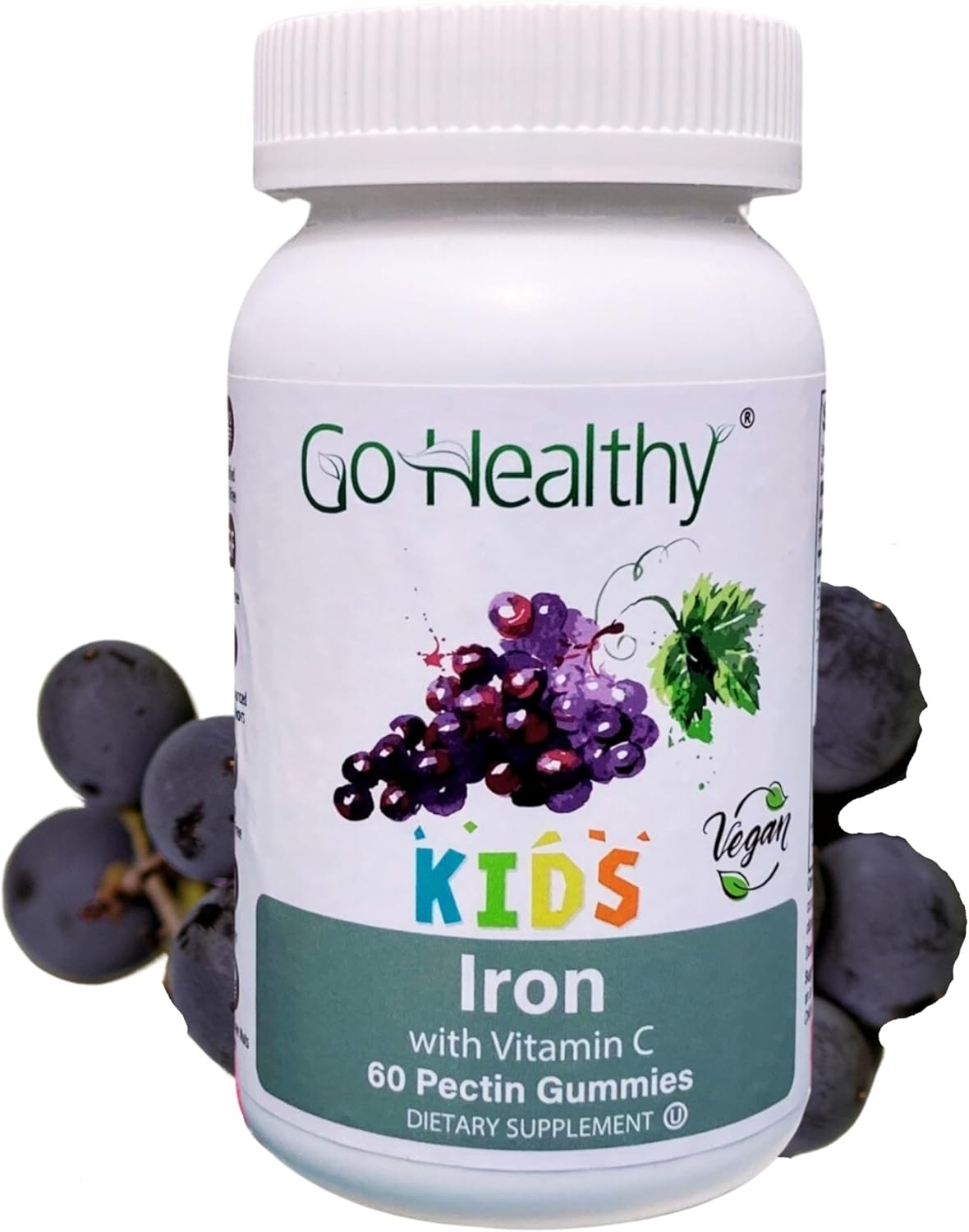 Go Healthy Natural Iron Gummies for Kids with Vitamin C - Children's Energy & Immune Support - Grape Flavor, Vegan & Gluten Free