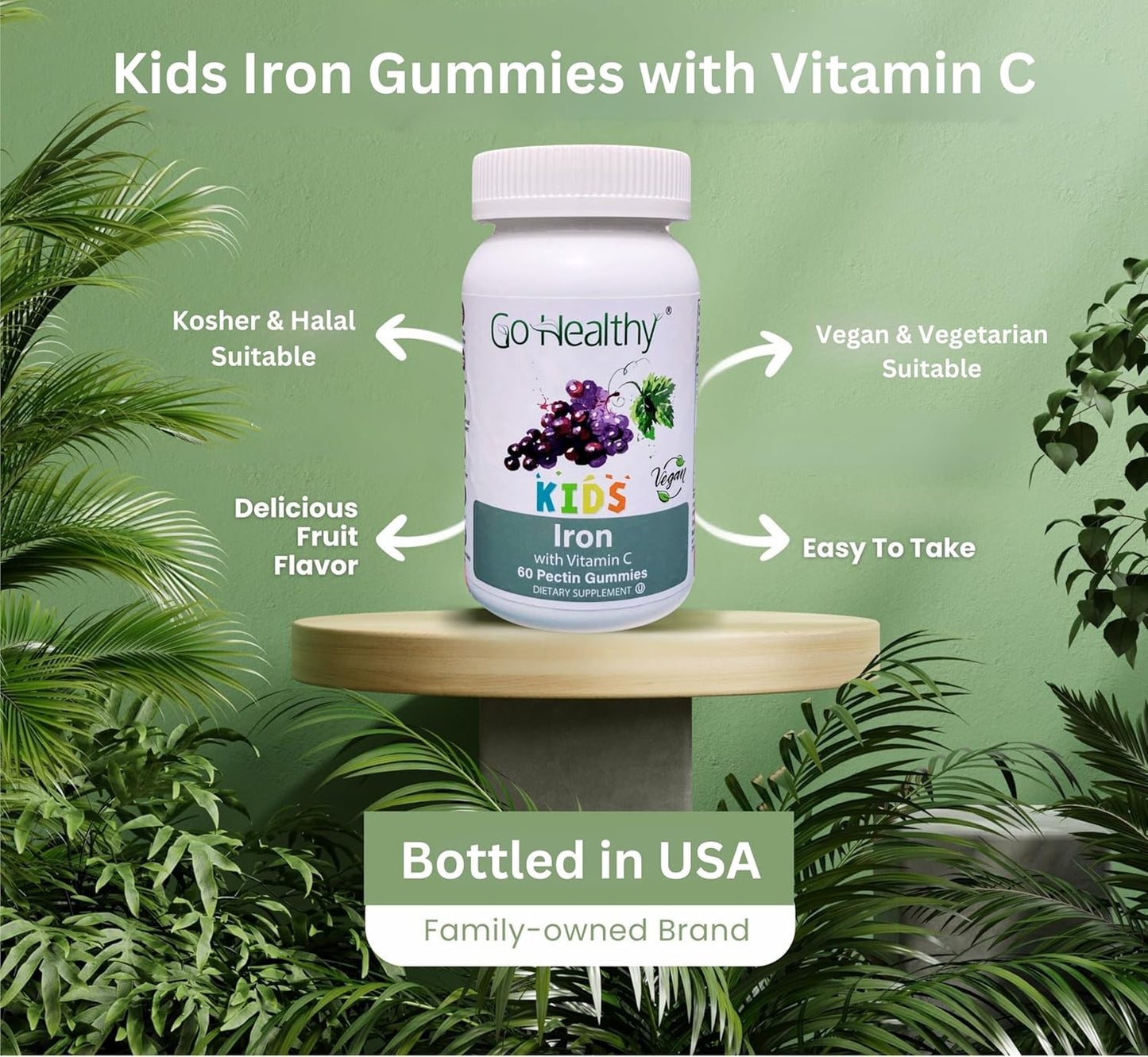 Go Healthy Natural Iron Gummies for Kids with Vitamin C - Children's Energy & Immune Support - Grape Flavor, Vegan & Gluten Free