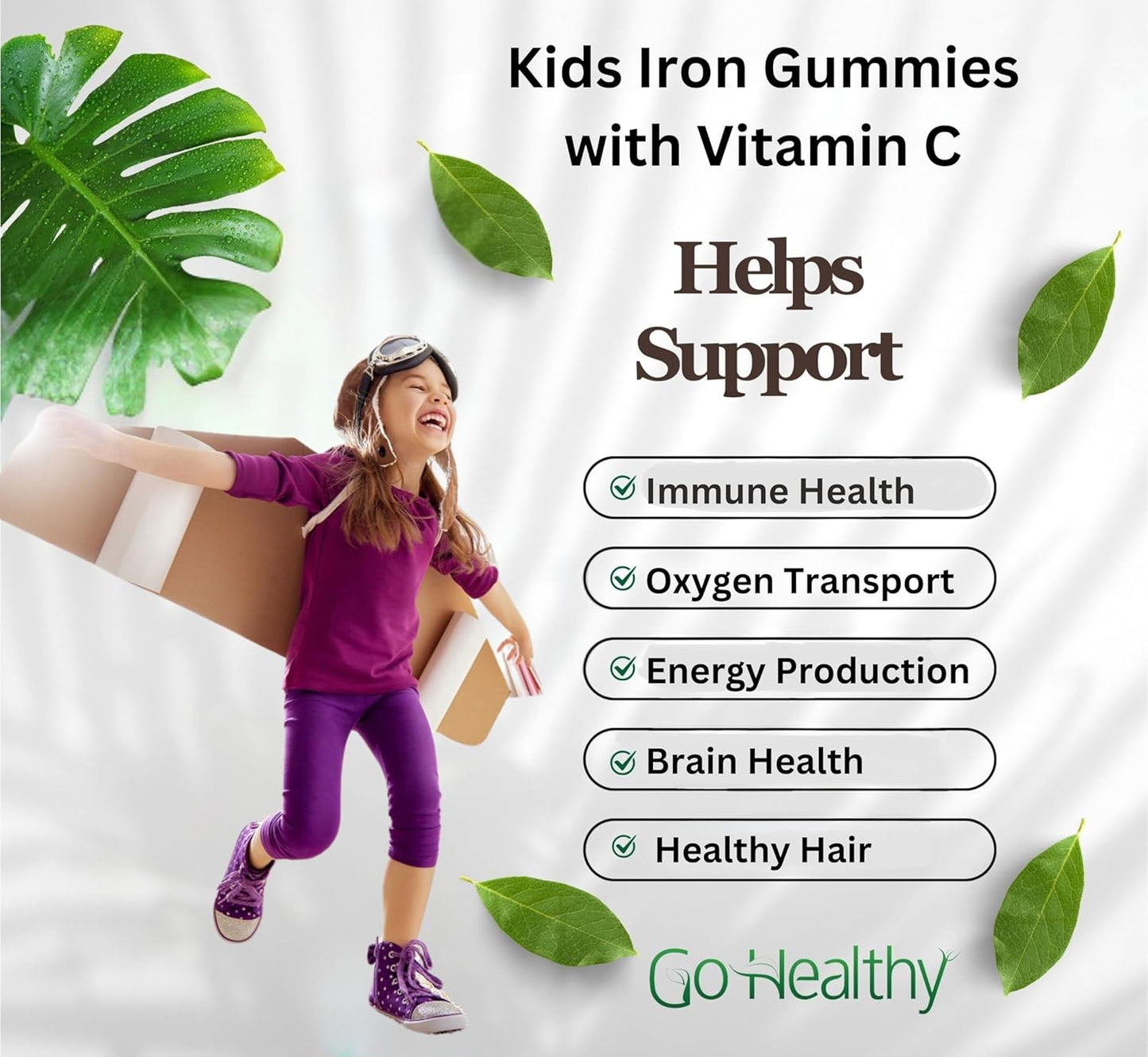 Go Healthy Natural Iron Gummies for Kids with Vitamin C - Children's Energy & Immune Support - Grape Flavor, Vegan & Gluten Free