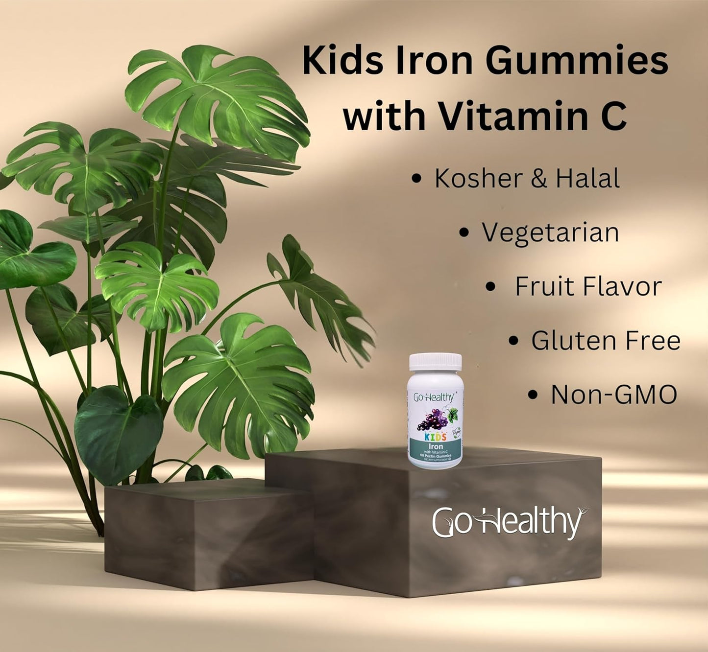 Go Healthy Natural Iron Gummies for Kids with Vitamin C - Children's Energy & Immune Support - Grape Flavor, Vegan & Gluten Free