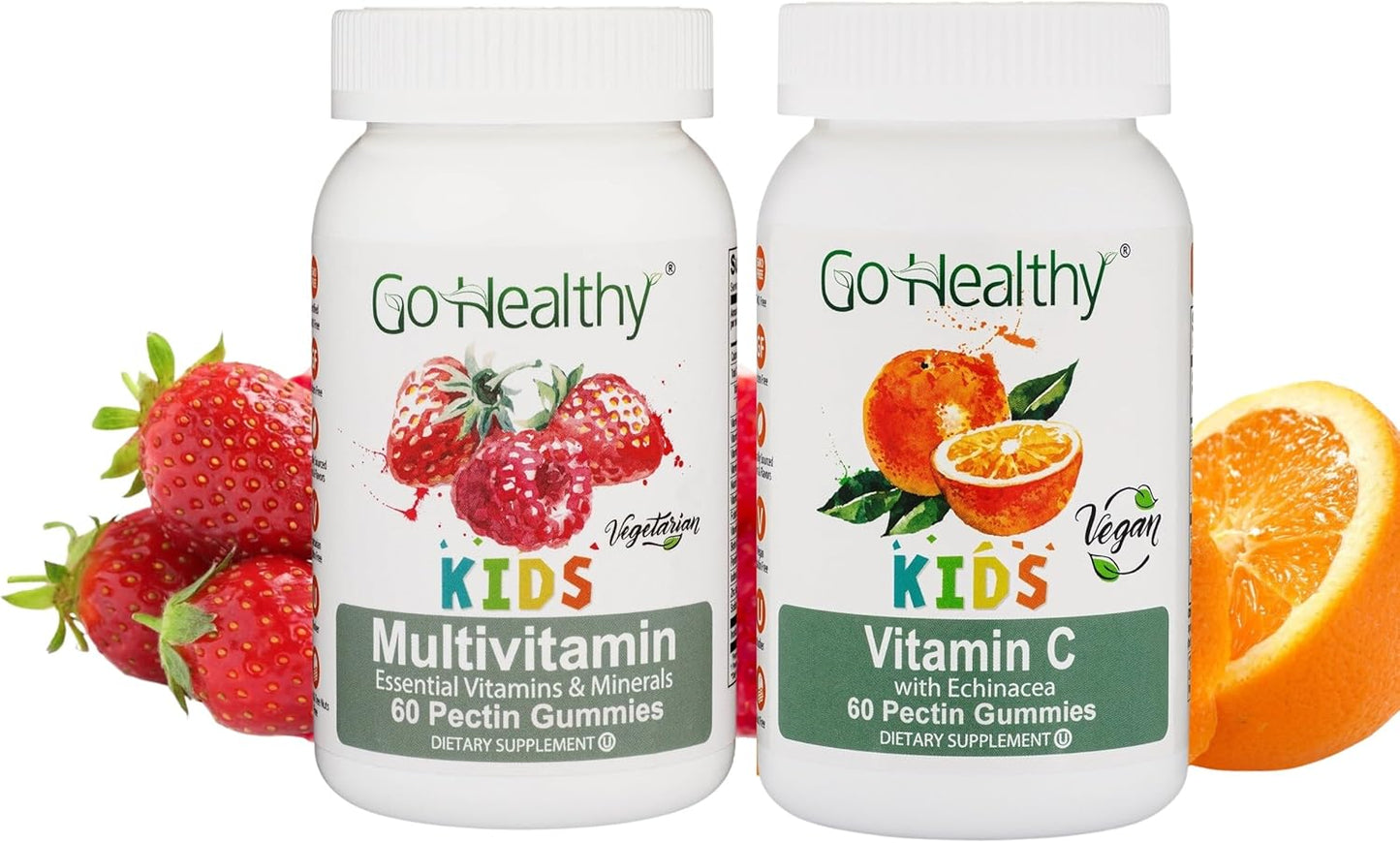 Go Healthy Natural Multivitamin and Vitamin C Gummies Bundle for Kids - Vegetarian, Kosher, Halal, Gluten Free, Non-GMO