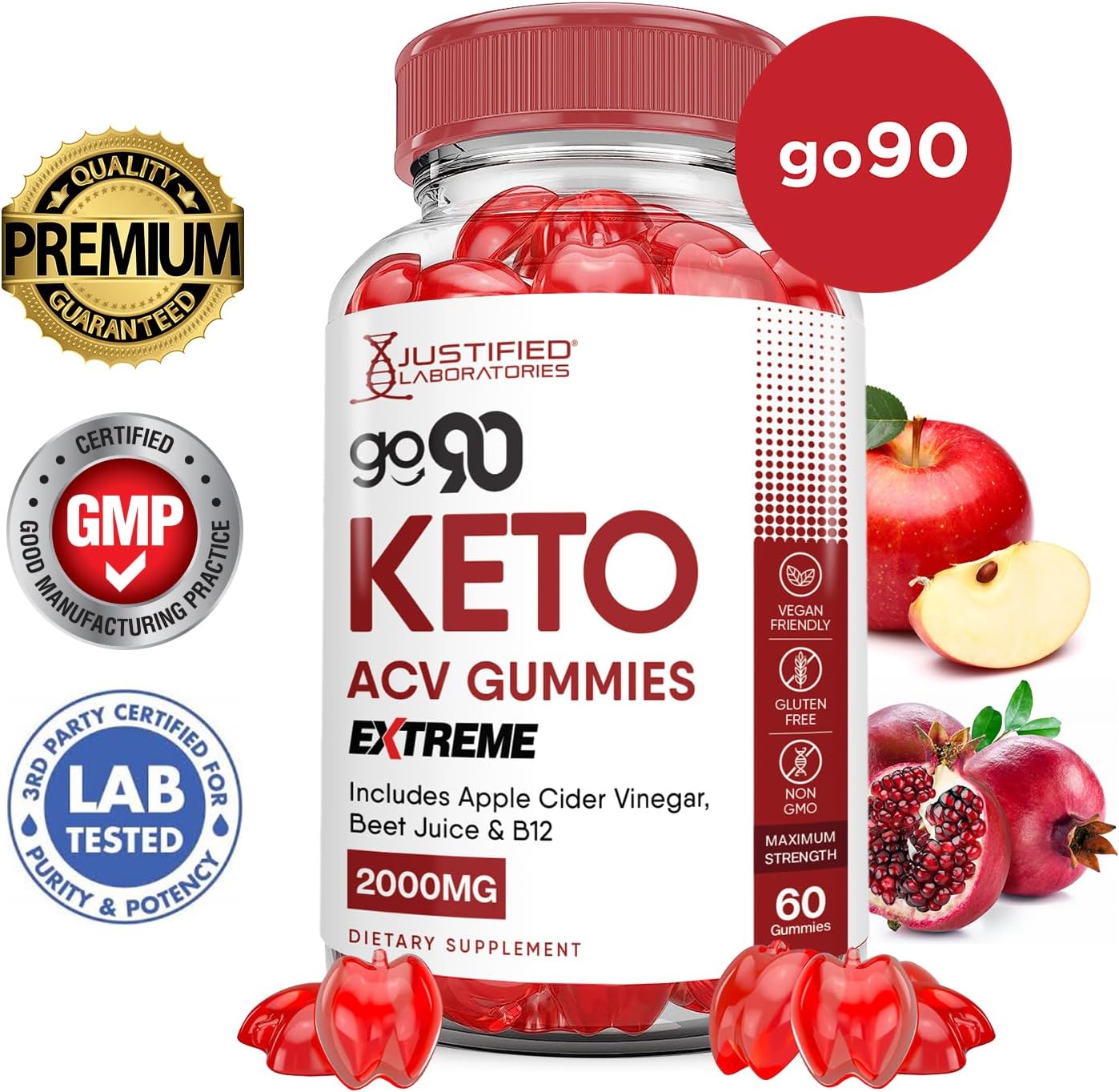 Go90 Keto ACV Gummies Extreme 2000MG with Pomegranate & Beet Juice - Vegan Non GMO 60 Gummies