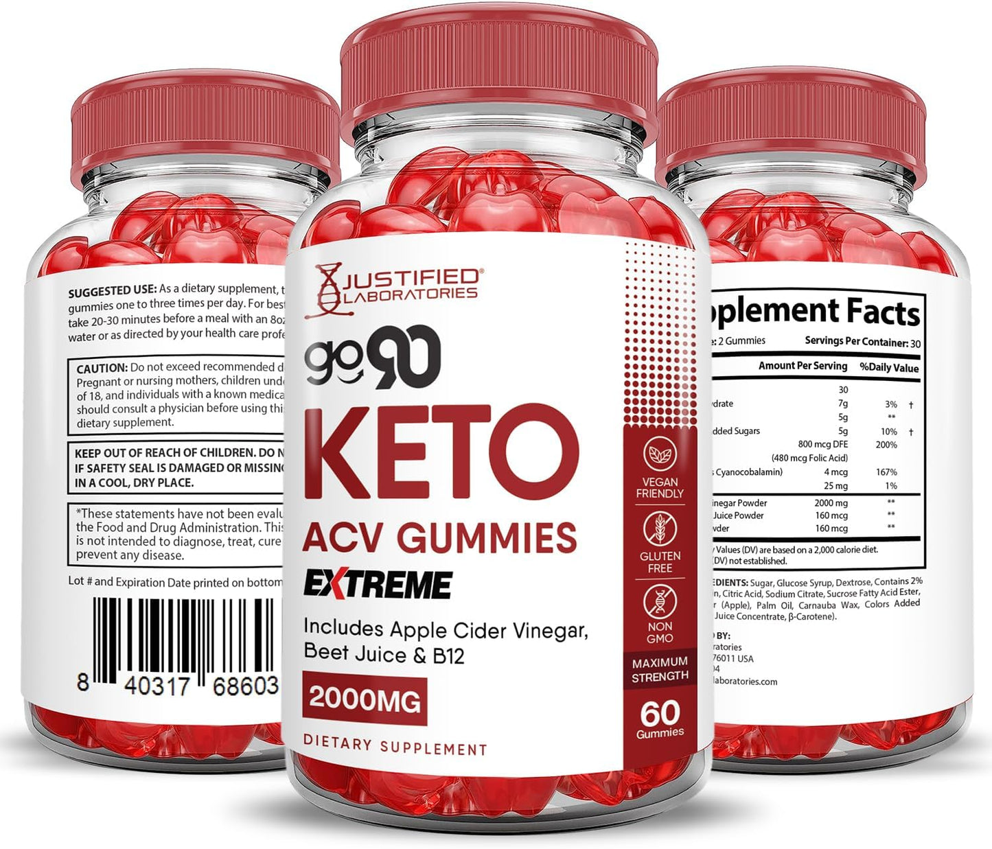 Go90 Keto ACV Gummies Extreme 2000MG with Pomegranate & Beet Juice - Vegan Non GMO 60 Gummies