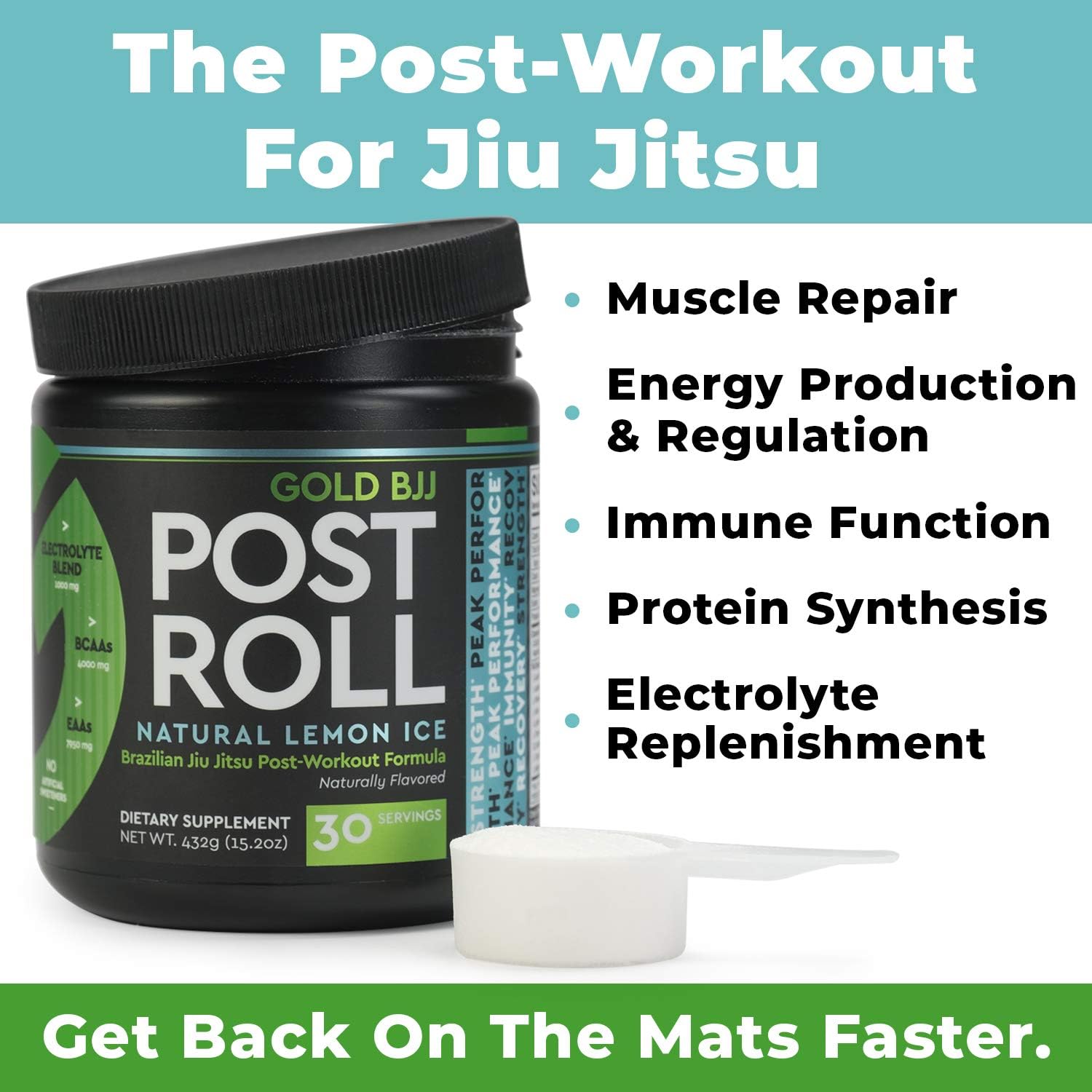 Gold BJJ PostRoll - Jiu Jitsu Recovery Powder with Essential Amino Acids for Post-Workout (Lemon Ice, 30 Servings) - BoostGo Australia