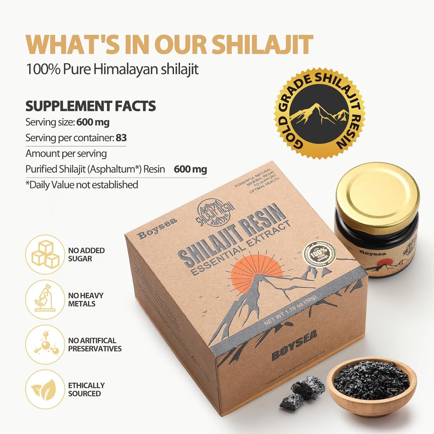 Gold Grade Boysea Pure Himalayan Shilajit Resin - 1.76 Oz - 80+ Servings - 85+ Trace Minerals - 75%+ Fulvic Acid - Zero Sugar - Natural Energy and Focus Supplement for Men & Women - BoostGo Australia