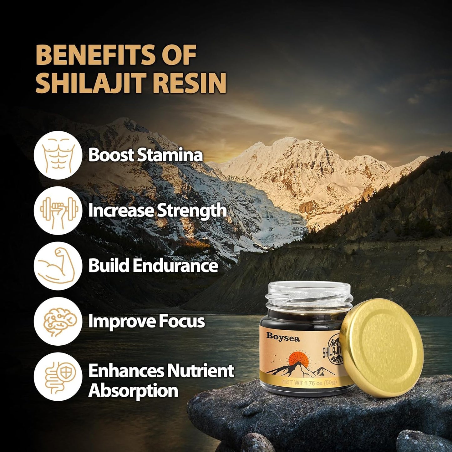 Gold Grade Boysea Pure Himalayan Shilajit Resin - 1.76 Oz - 80+ Servings - 85+ Trace Minerals - 75%+ Fulvic Acid - Zero Sugar - Natural Energy and Focus Supplement for Men & Women - BoostGo Australia