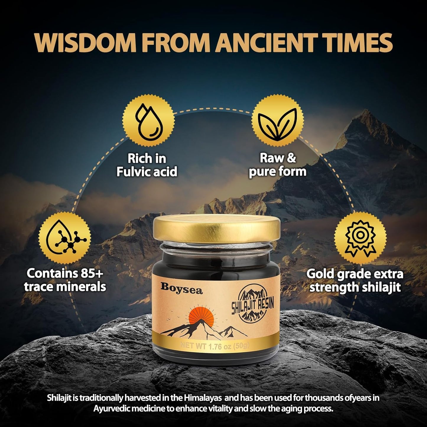 Gold Grade Boysea Pure Himalayan Shilajit Resin - 1.76 Oz - 80+ Servings - 85+ Trace Minerals - 75%+ Fulvic Acid - Zero Sugar - Natural Energy and Focus Supplement for Men & Women - BoostGo Australia