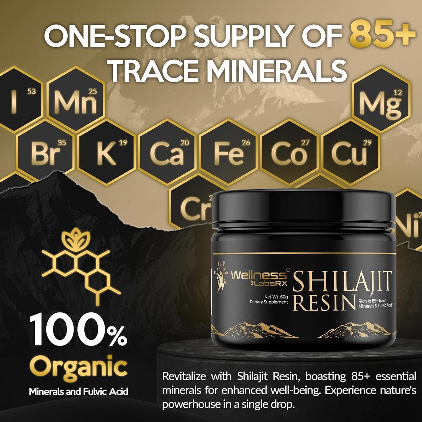 Gold Grade Pure Himalayan Shilajit Resin with Fulvic Acid and Trace Minerals for Men - 60g from Gilgit with 85+ Minerals for Immune Support
