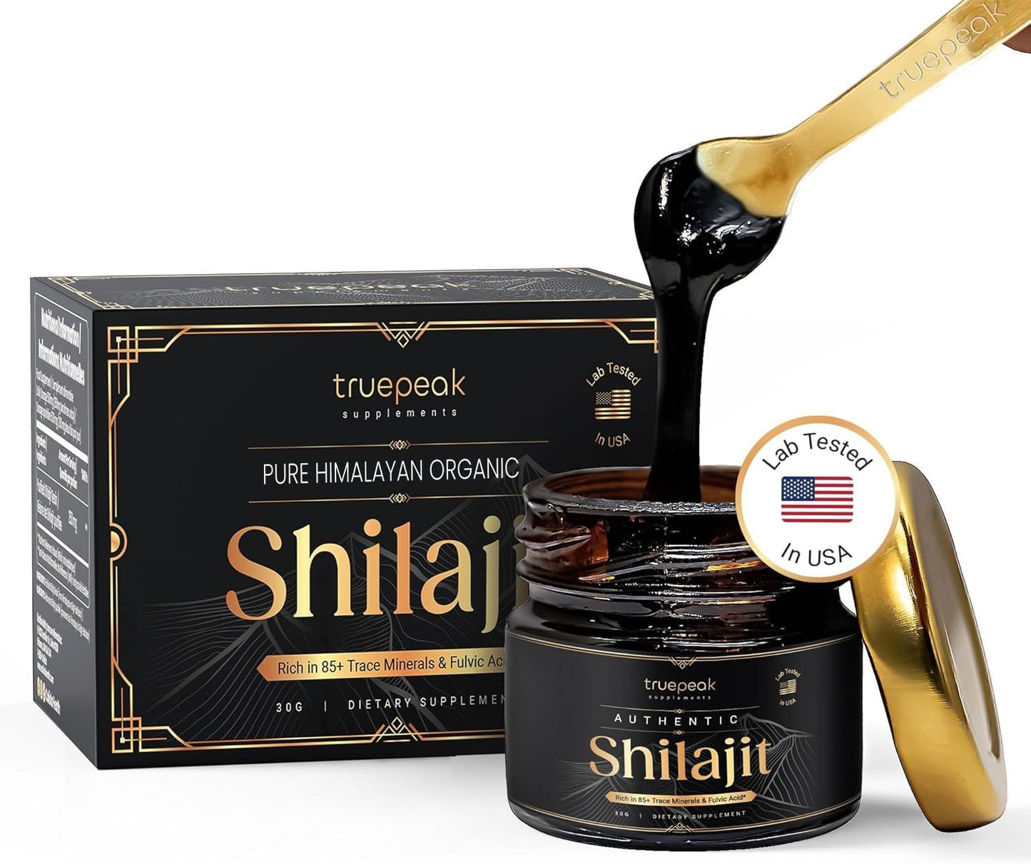Gold Grade TruePeak Himalayan Shilajit Resin - 500mg Maximum Potency, 85 Trace Minerals, Fulvic & Humic Acid, Energy & Immune Support - 30g