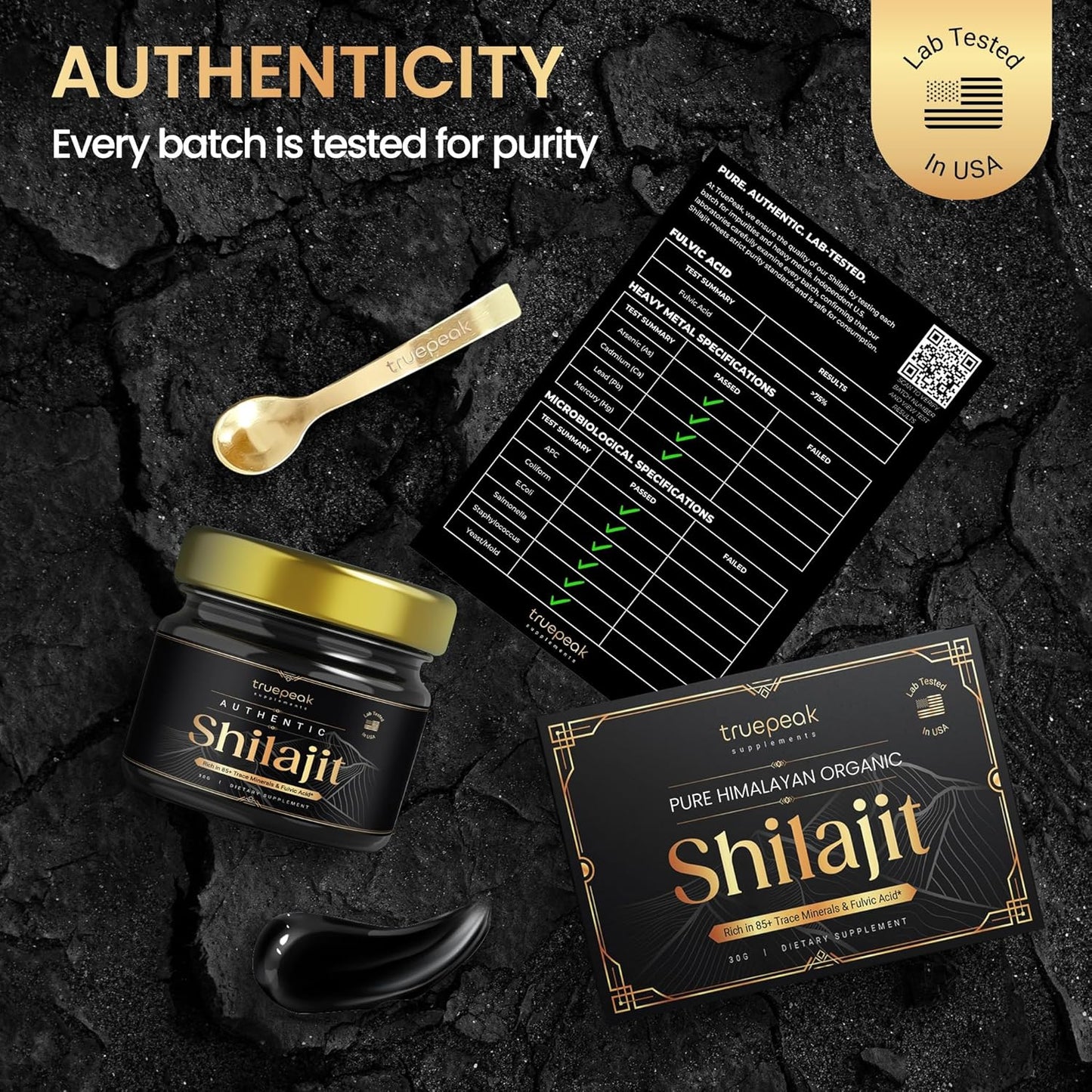 Gold Grade TruePeak Himalayan Shilajit Resin - 500mg Maximum Potency, 85 Trace Minerals, Fulvic & Humic Acid, Energy & Immune Support - 30g