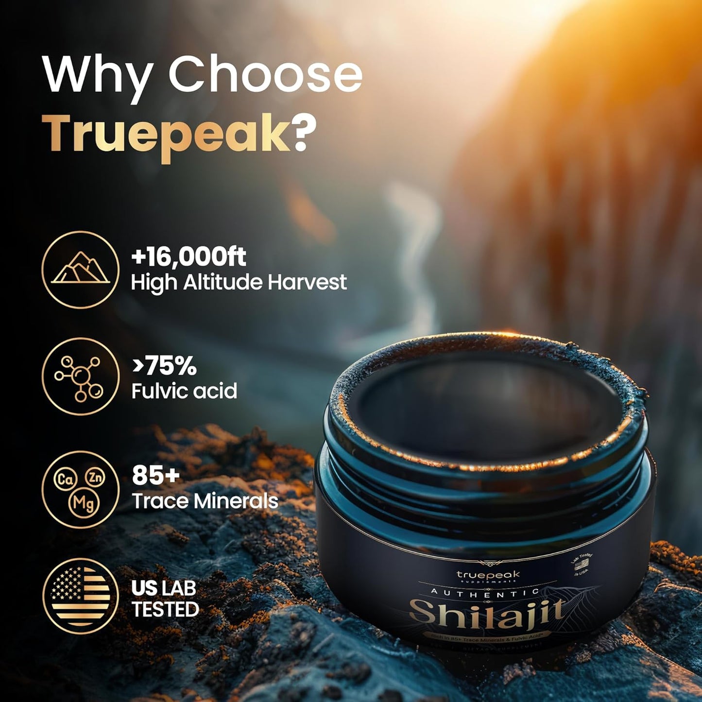 Gold Grade TruePeak Himalayan Shilajit Resin - 500mg Maximum Potency, 85 Trace Minerals, Fulvic & Humic Acid, Energy & Immune Support - 30g