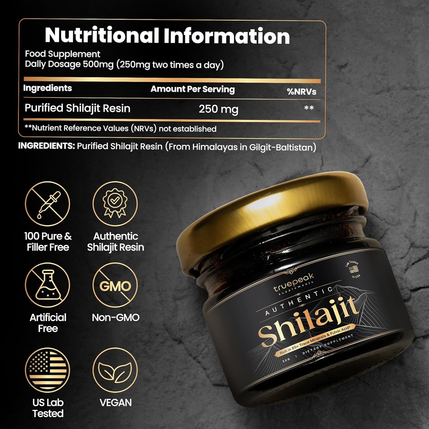 Gold Grade TruePeak Himalayan Shilajit Resin - 500mg Maximum Potency, 85 Trace Minerals, Fulvic & Humic Acid, Energy & Immune Support - 30g