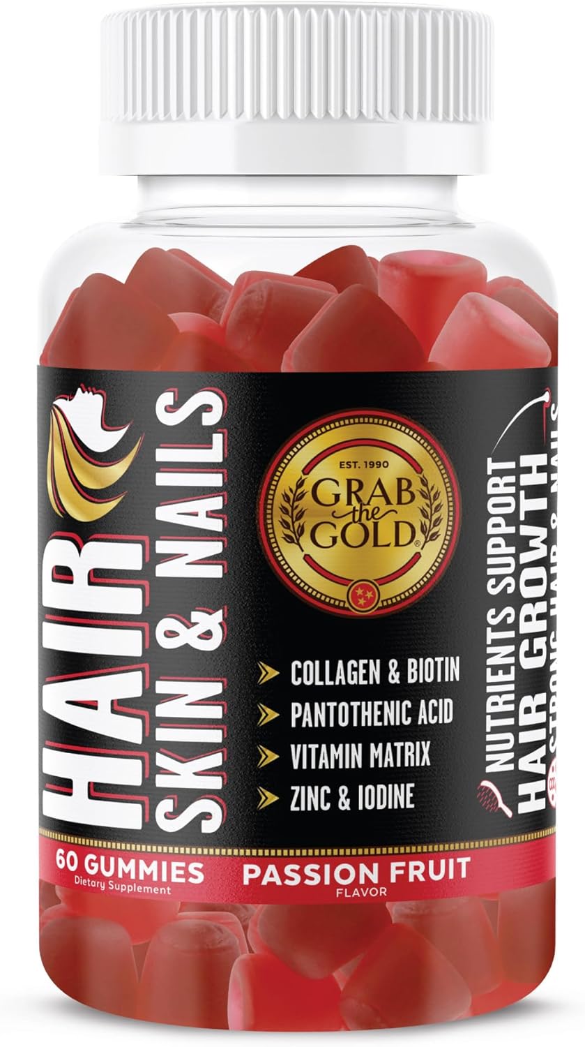 Gold Hair Skin & Nails Gummies - 6000mcg Biotin + Collagen, 10 Vitamins & Minerals - Gluten-Free, Passion Fruit - 1 Month Supply
