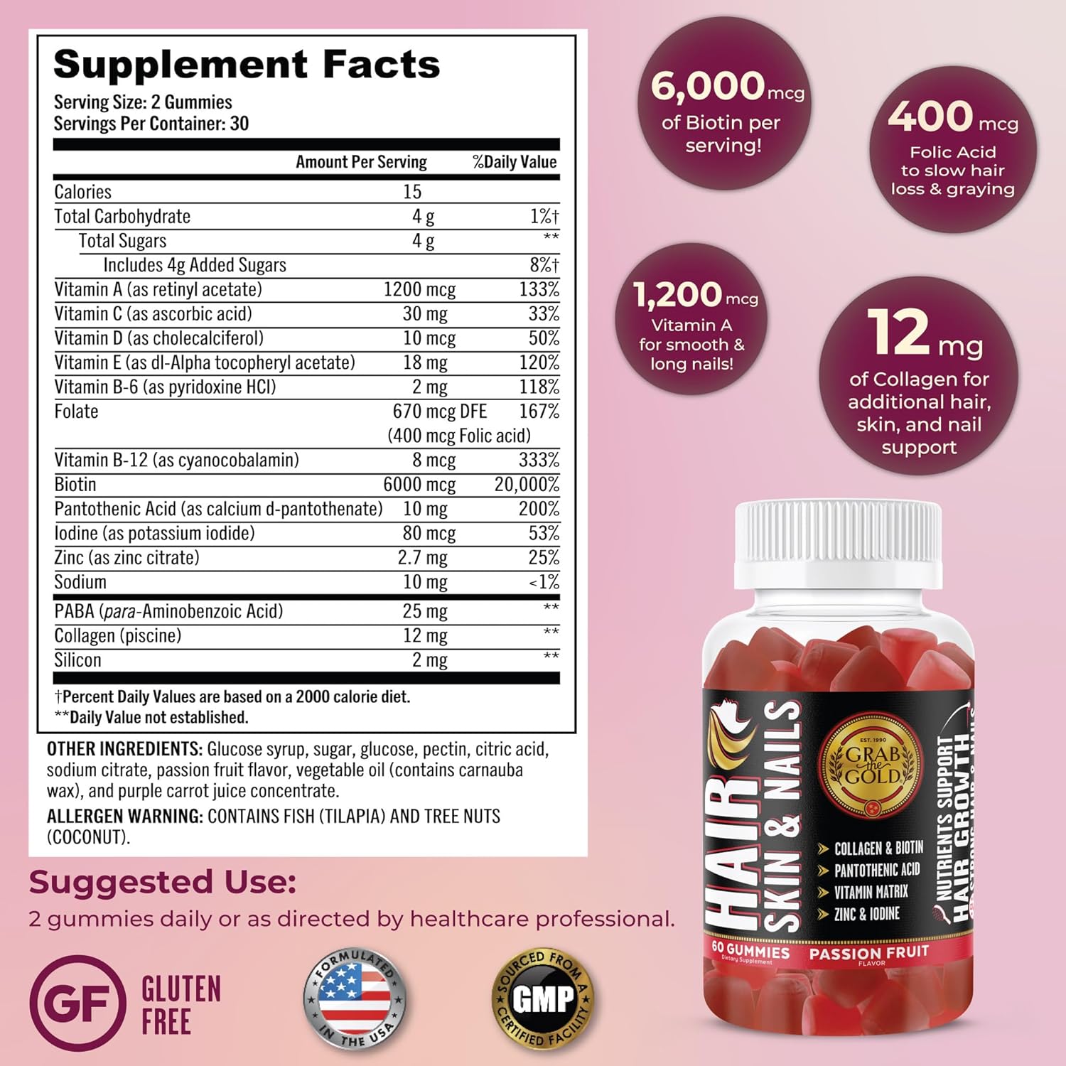 Gold Hair Skin & Nails Gummies - 6000mcg Biotin + Collagen, 10 Vitamins & Minerals - Gluten-Free, Passion Fruit - 1 Month Supply