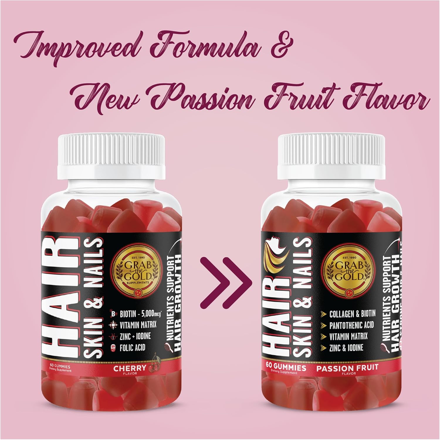 Gold Hair Skin & Nails Gummies - 6000mcg Biotin + Collagen, 10 Vitamins & Minerals - Gluten-Free, Passion Fruit - 1 Month Supply