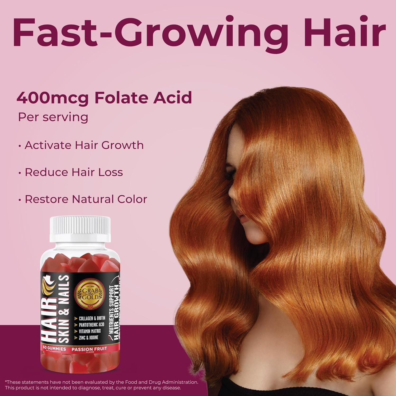 Gold Hair Skin & Nails Gummies - 6000mcg Biotin + Collagen, 10 Vitamins & Minerals - Gluten-Free, Passion Fruit - 1 Month Supply
