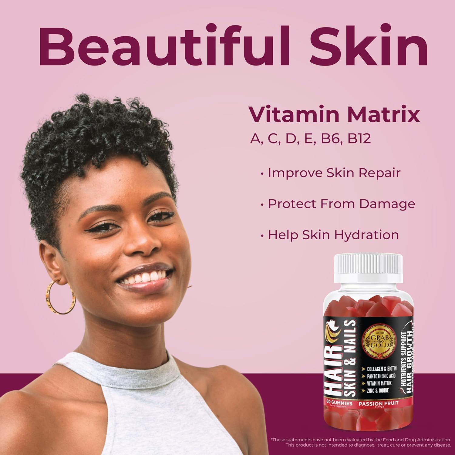 Gold Hair Skin & Nails Gummies - 6000mcg Biotin + Collagen, 10 Vitamins & Minerals - Gluten-Free, Passion Fruit - 1 Month Supply