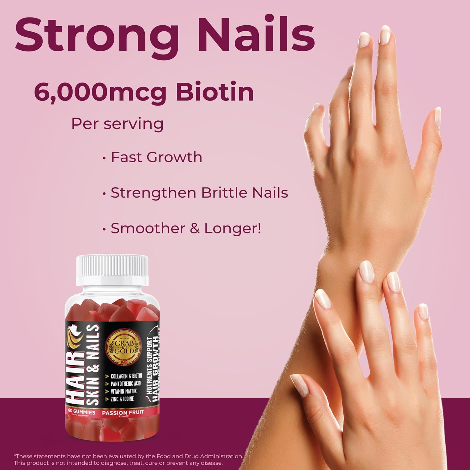 Gold Hair Skin & Nails Gummies - 6000mcg Biotin + Collagen, 10 Vitamins & Minerals - Gluten-Free, Passion Fruit - 1 Month Supply
