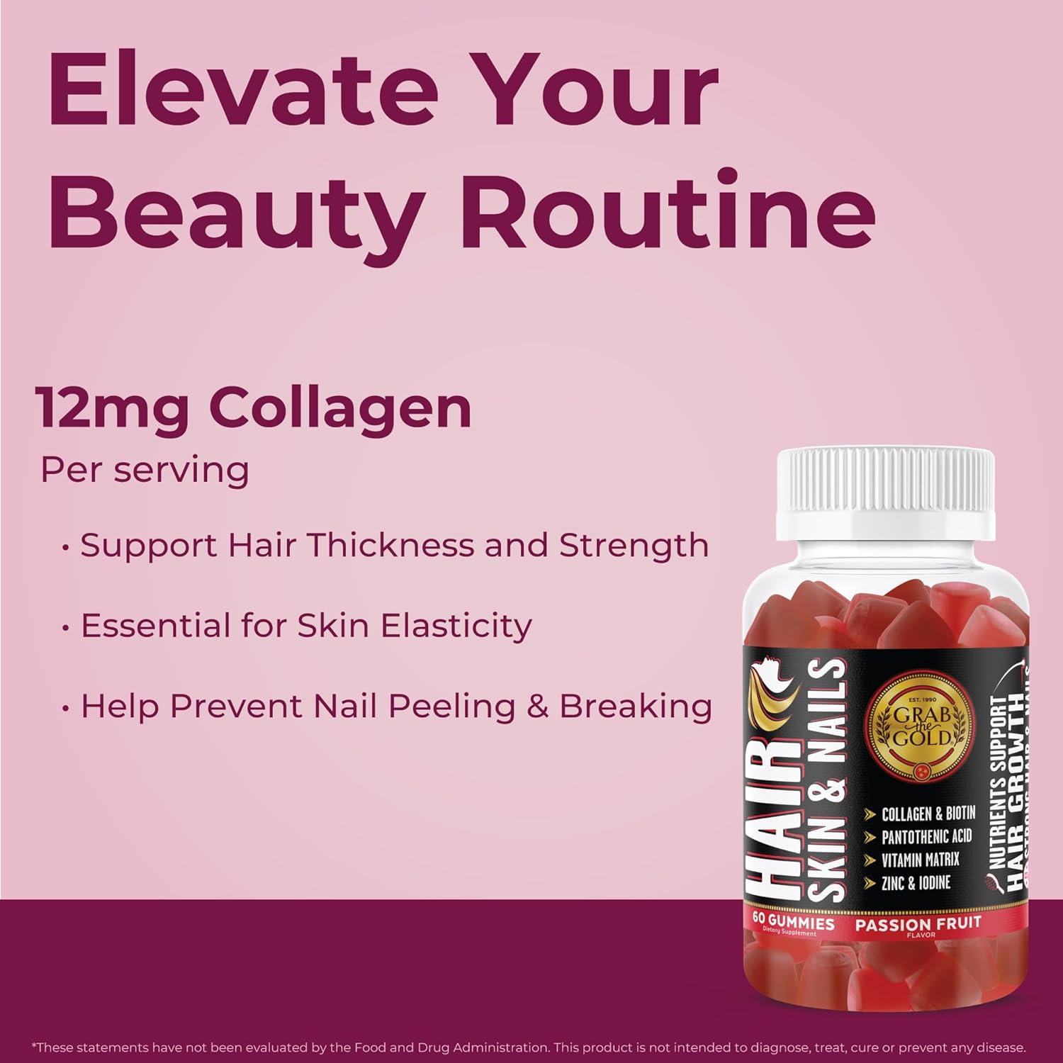 Gold Hair Skin & Nails Gummies - 6000mcg Biotin + Collagen, 10 Vitamins & Minerals - Gluten-Free, Passion Fruit - 1 Month Supply