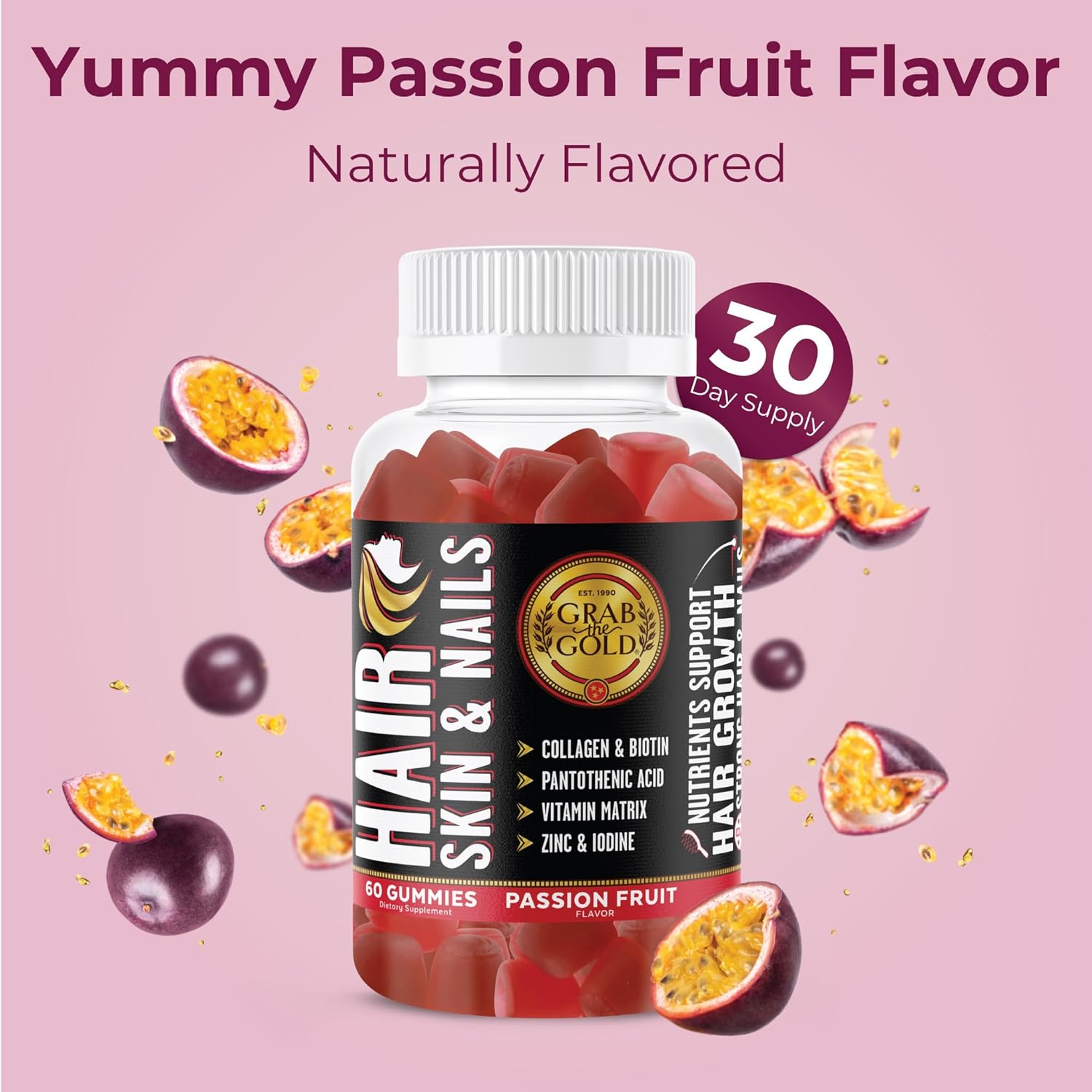 Gold Hair Skin & Nails Gummies - 6000mcg Biotin + Collagen, 10 Vitamins & Minerals - Gluten-Free, Passion Fruit - 1 Month Supply