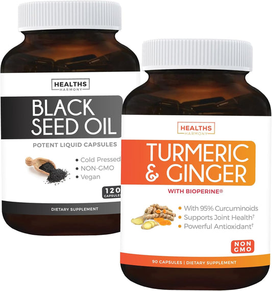 Golden Harmony Bundle: Turmeric, Ginger, & Black Seed Oil Capsules - 95% Curcuminoids with Bioperine - Non-GMO Cold-Pressed Cumin Seed Oil