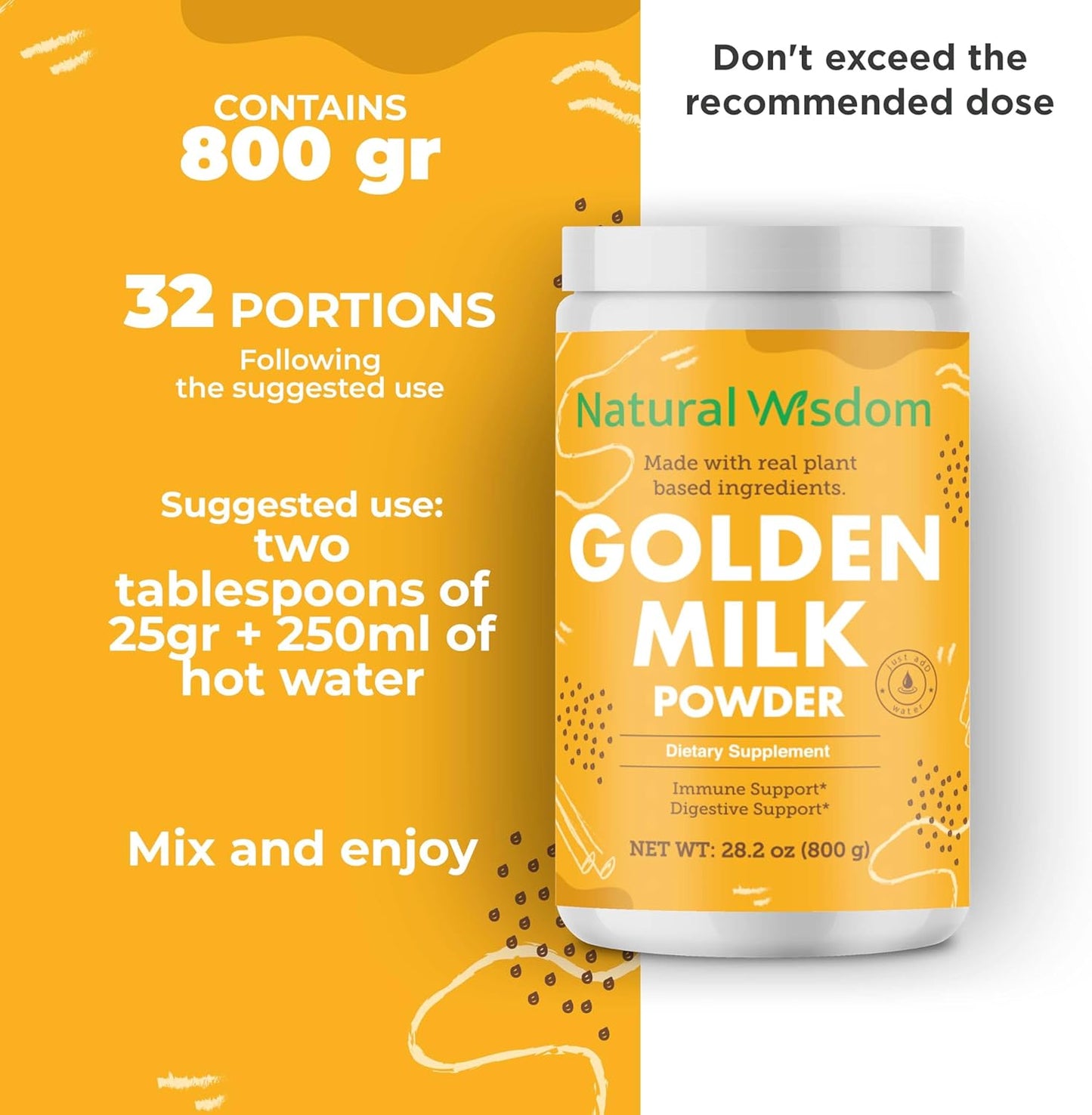 Golden Milk Powder with Turmeric, Ginger, Cinnamon, Cardamom, and Coconut Milk for Good Digestion - 100% Natural and Gluten Free - 28.2 oz