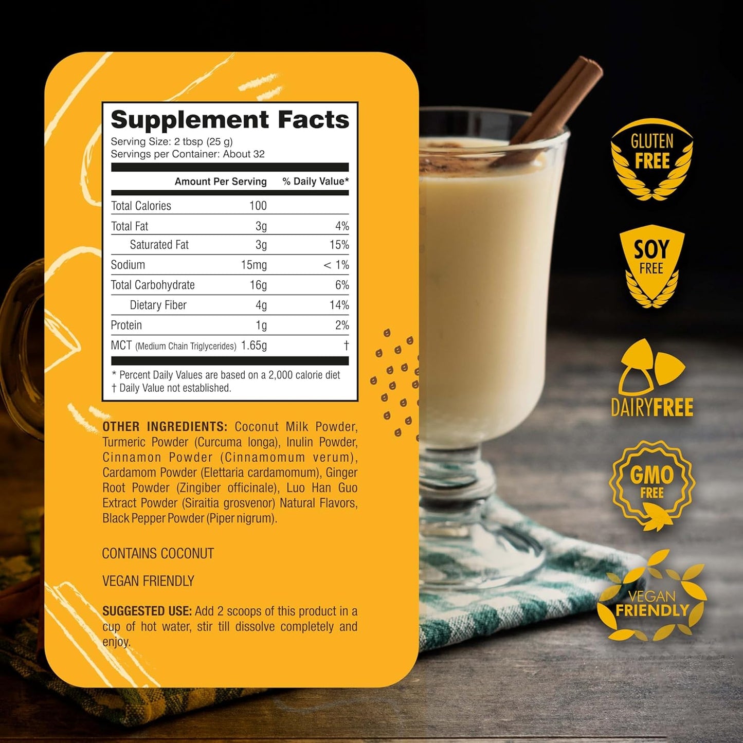Golden Milk Powder with Turmeric, Ginger, Cinnamon, Cardamom, and Coconut Milk for Good Digestion - 100% Natural and Gluten Free - 28.2 oz