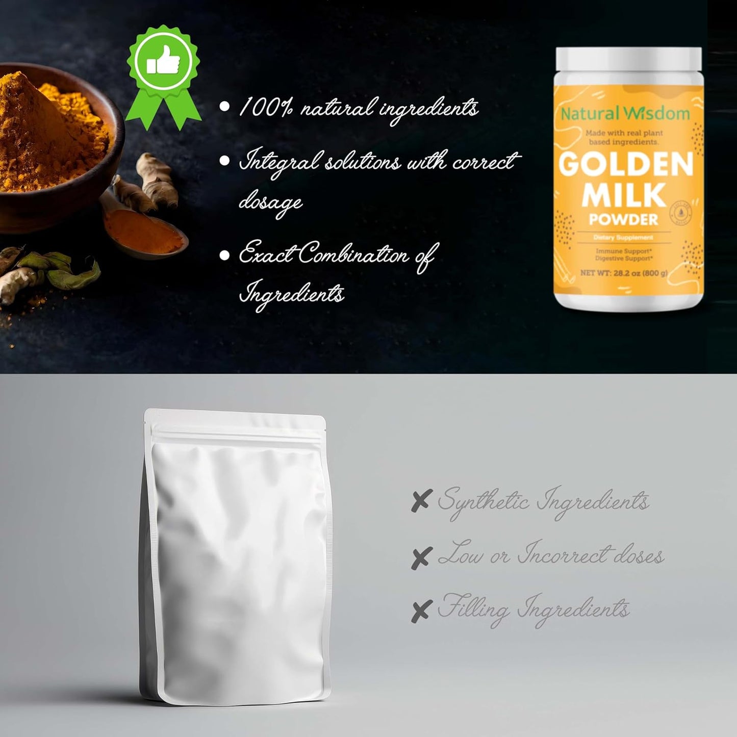 Golden Milk Powder with Turmeric, Ginger, Cinnamon, Cardamom, and Coconut Milk for Good Digestion - 100% Natural and Gluten Free - 28.2 oz