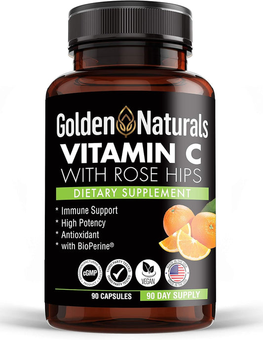 Golden Naturals 1000mg Vitamin C with Rose Hips for Immune Support and Antioxidant Boost, High Absorption, Skin Health, 90 Capsules