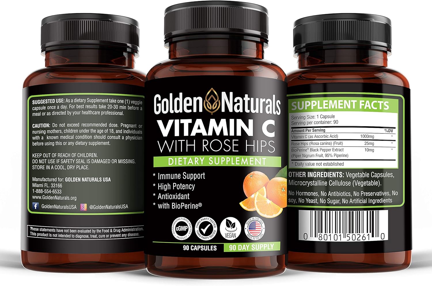Golden Naturals 1000mg Vitamin C with Rose Hips for Immune Support and Antioxidant Boost, High Absorption, Skin Health, 90 Capsules