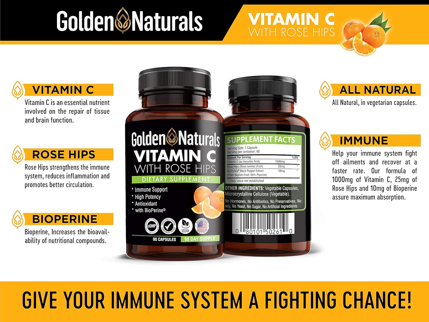 Golden Naturals 1000mg Vitamin C with Rose Hips for Immune Support and Antioxidant Boost, High Absorption, Skin Health, 90 Capsules