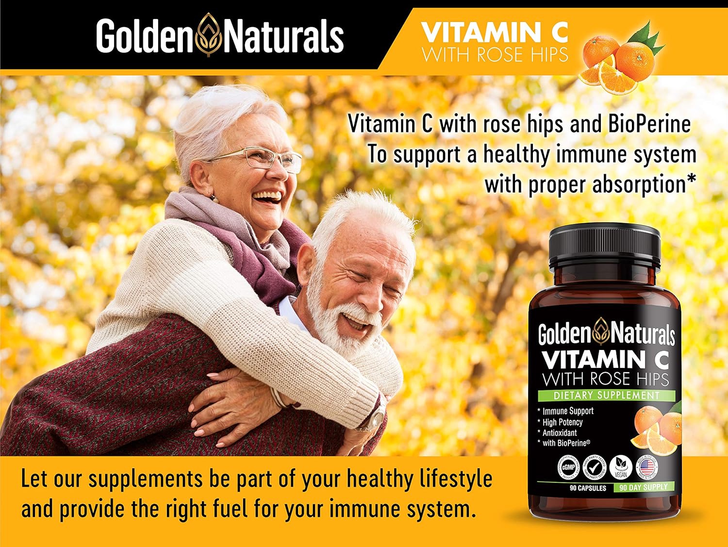 Golden Naturals 1000mg Vitamin C with Rose Hips for Immune Support and Antioxidant Boost, High Absorption, Skin Health, 90 Capsules