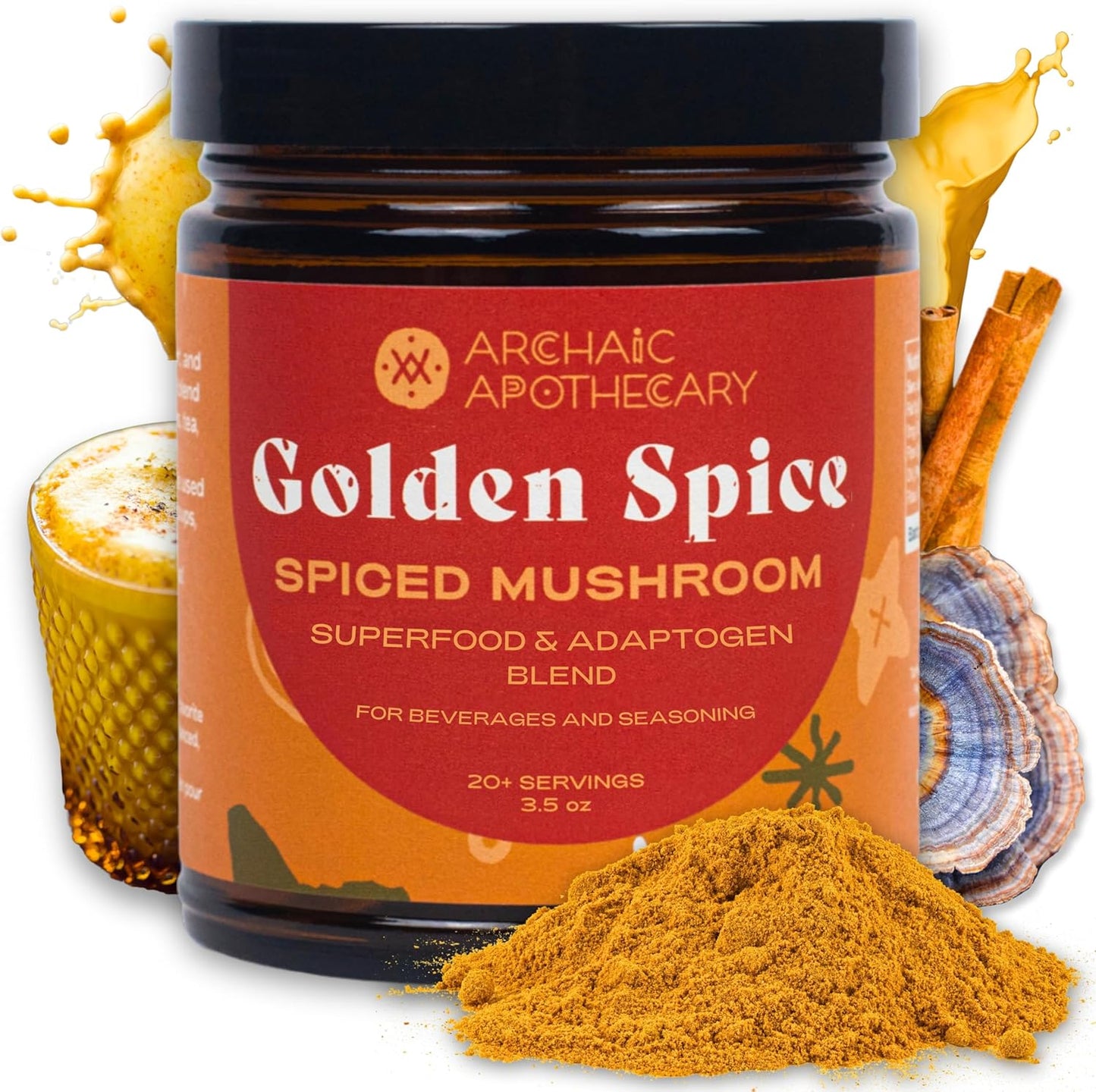 Golden Spice Mushroom Milk with Turmeric, Adaptogens, Rooibos Matcha - Caffeine-Free & Milk/Sweetener Free