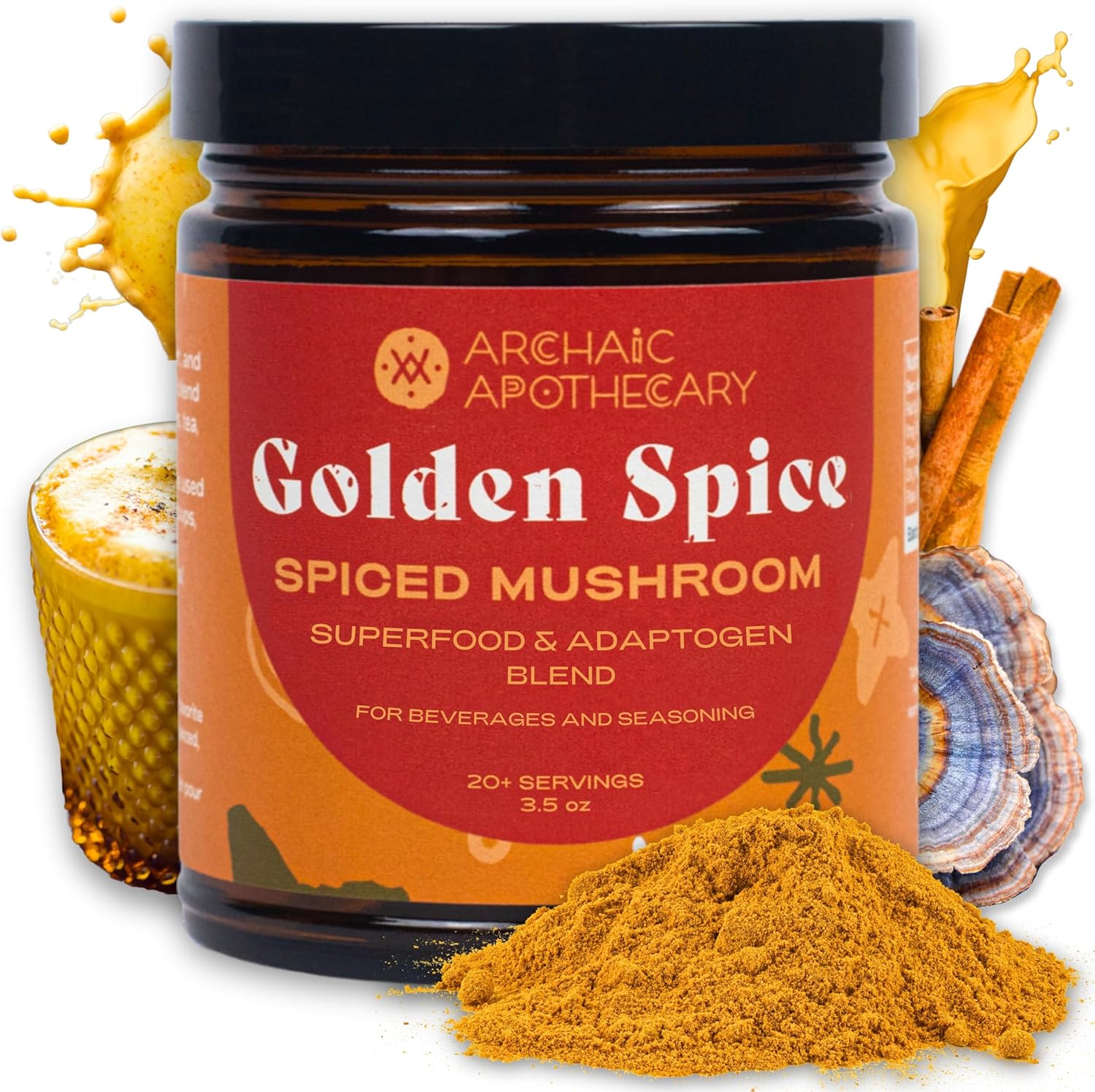 Golden Spice Mushroom Milk with Turmeric, Adaptogens, Rooibos Matcha - Caffeine-Free & Milk/Sweetener Free