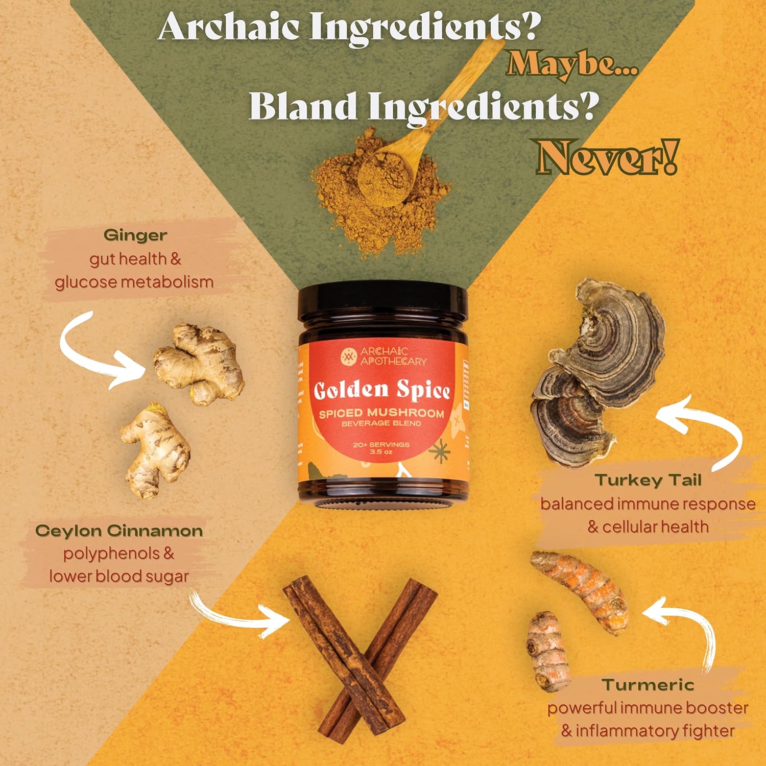 Golden Spice Mushroom Milk with Turmeric, Adaptogens, Rooibos Matcha - Caffeine-Free & Milk/Sweetener Free