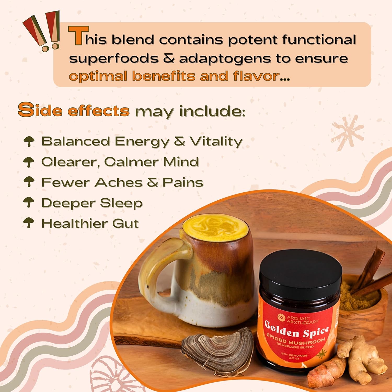 Golden Spice Mushroom Milk with Turmeric, Adaptogens, Rooibos Matcha - Caffeine-Free & Milk/Sweetener Free